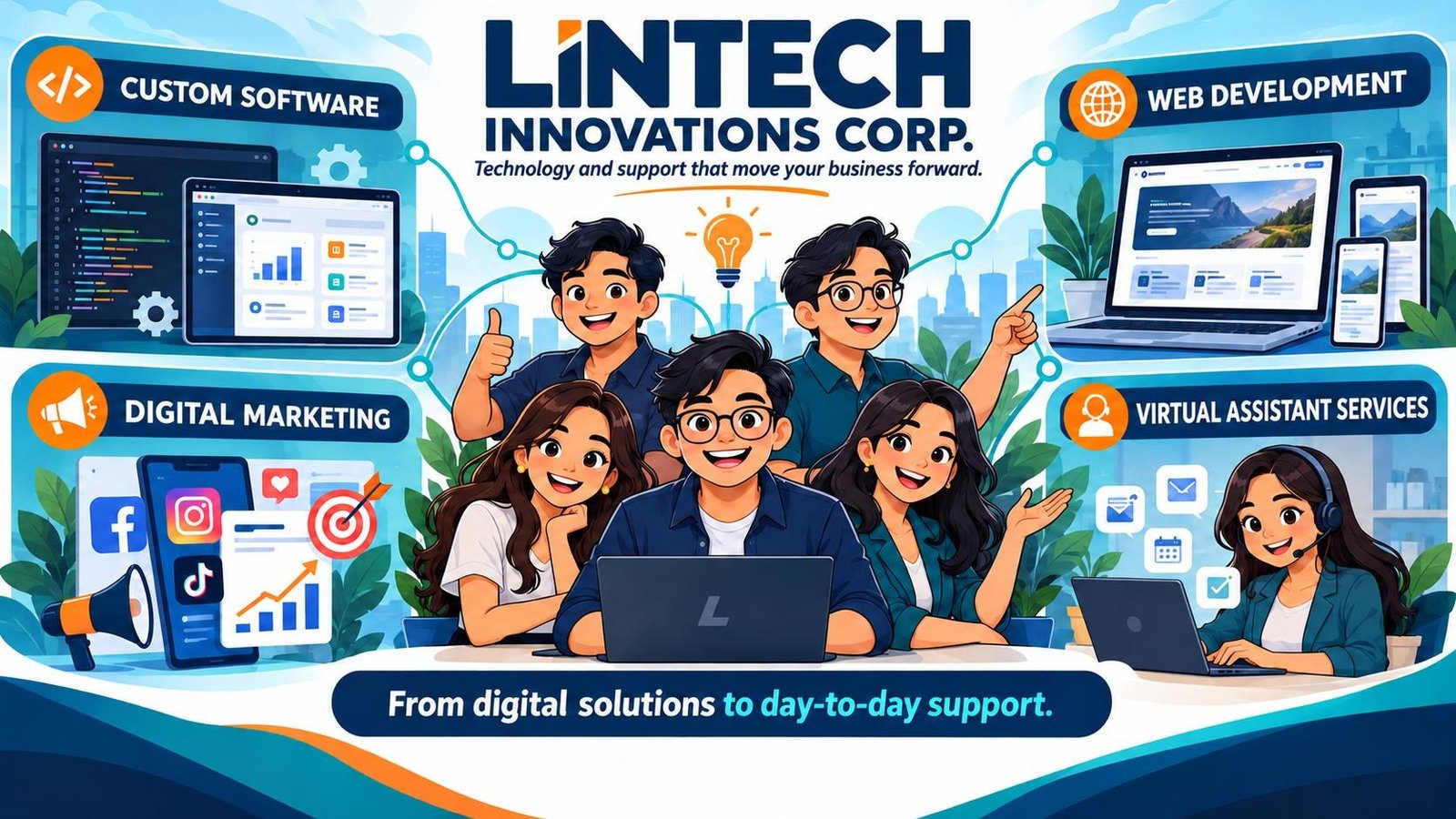 Lintech Innovations Corp. team delivering custom software, web development, digital marketing, and virtual assistant services
